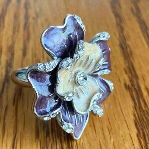 Silvertone Rhinestone Plum Taupe Flower Ring SIZE 9 VINTAGE